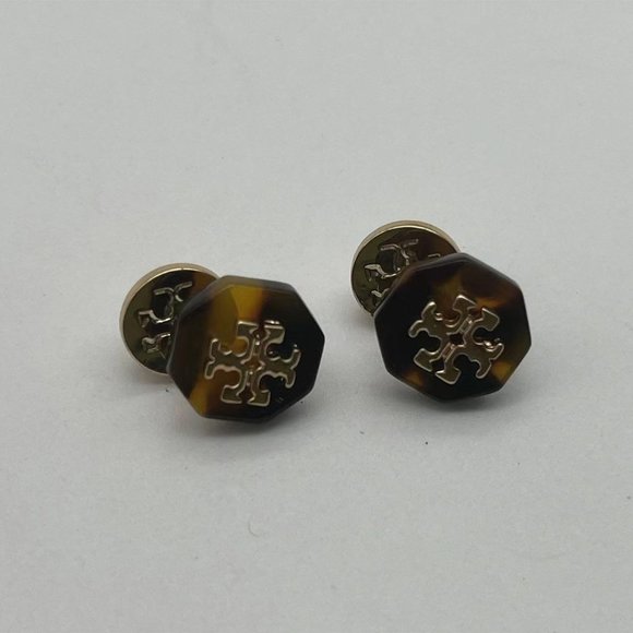 Tory Burch Octagon Brown Mixed Stone and Gold Signature Stud Earrings - Picture 3 of 9